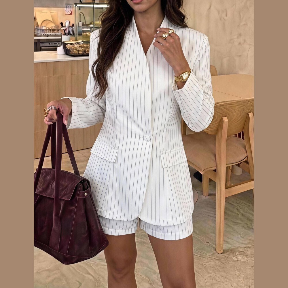 White Pinstripe Lightweight Blazer and Mini Shorts Two Piece Set